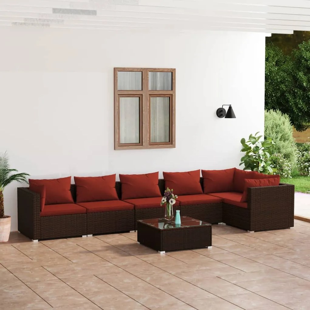 vidaXL 7 pcs conjunto lounge jardim c/ almofadões vime PE castanho