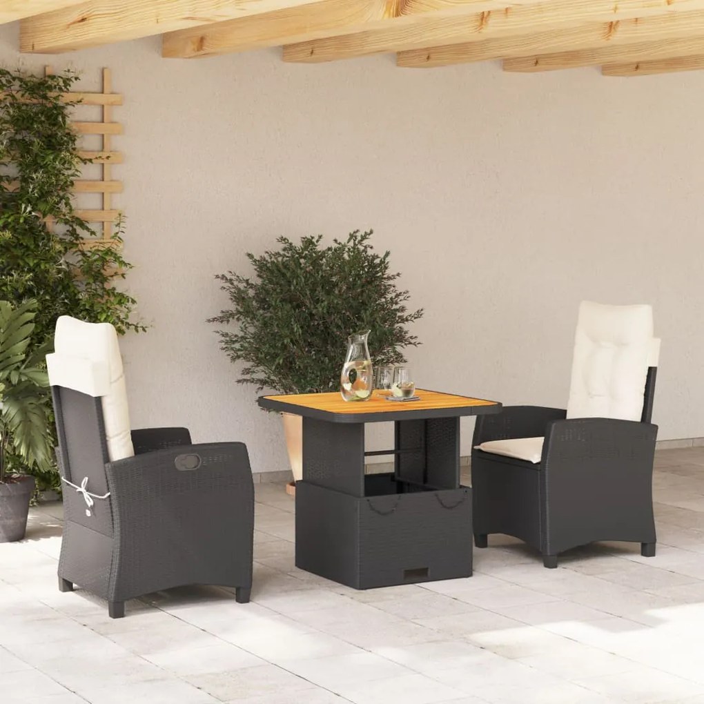 3 pcs conjunto de jantar p/ jardim c/ almofadões vime PE preto