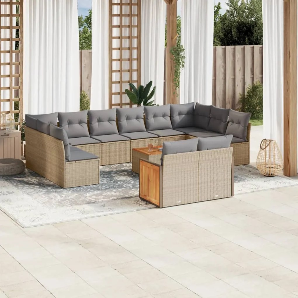 13 pcs conjunto de sofás p/ jardim com almofadões vime PE bege