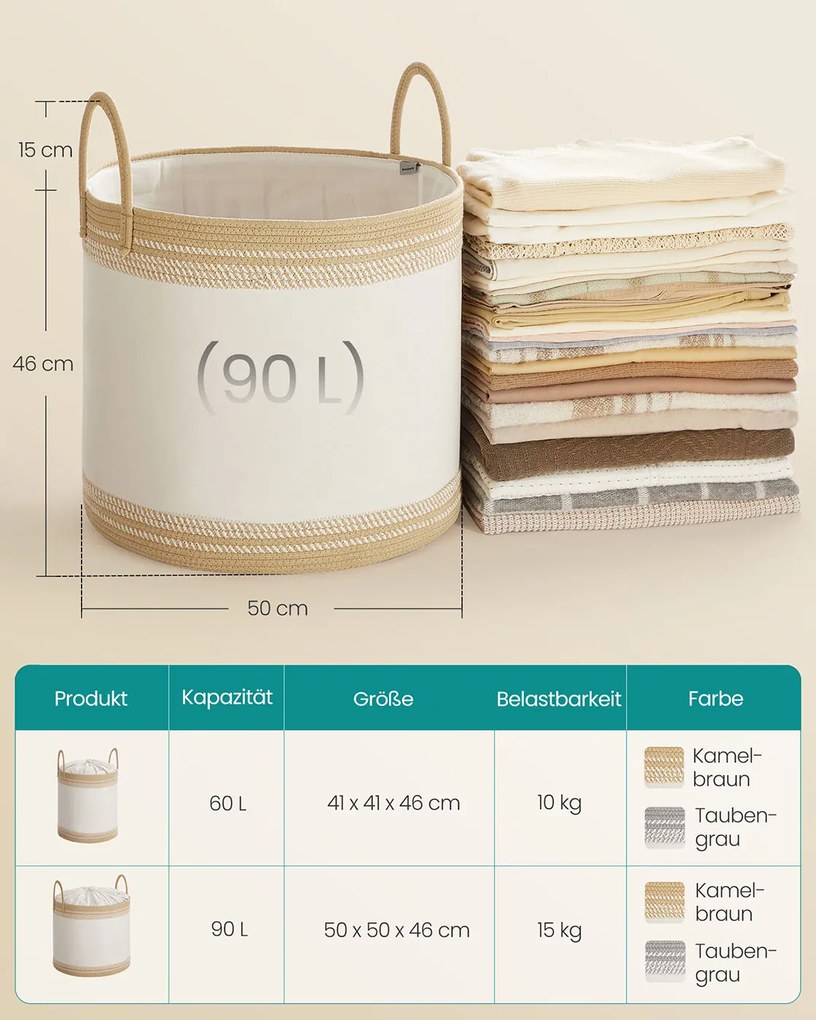 Cesto para roupa suja 90 L com tampa e pega 50 x 50 x 46 cm castanho camelo