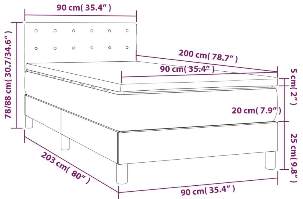 Cama box spring c/ colchão/LED 90x200 cm veludo azul-escuro