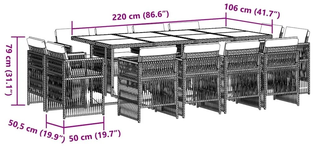 13 pcs conj. jantar jardim c/ almofadões vime PE cinzento-claro