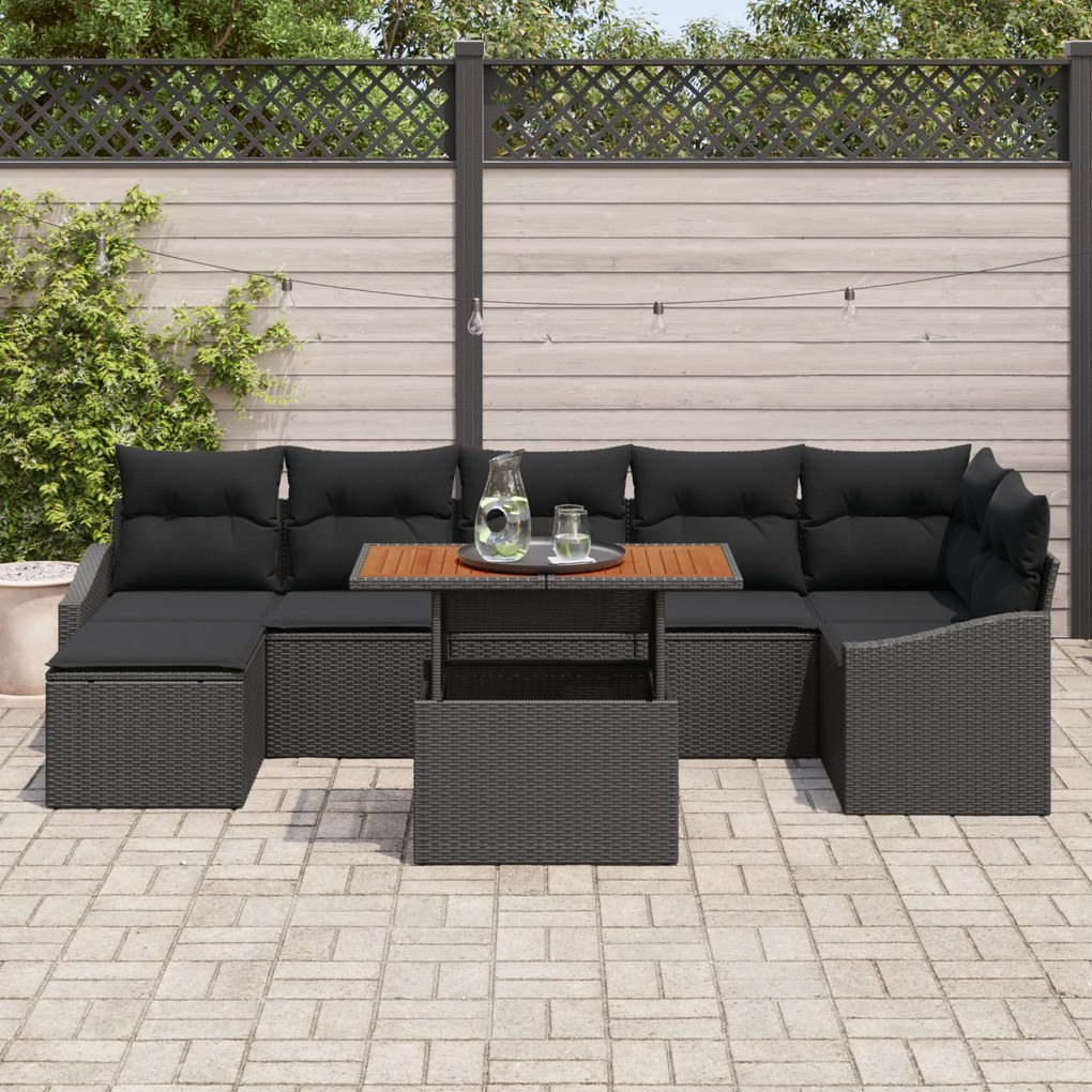 Conjunto de Sofá de Jardim 8 Peças com Almofadas Preto Rattan Poliéste