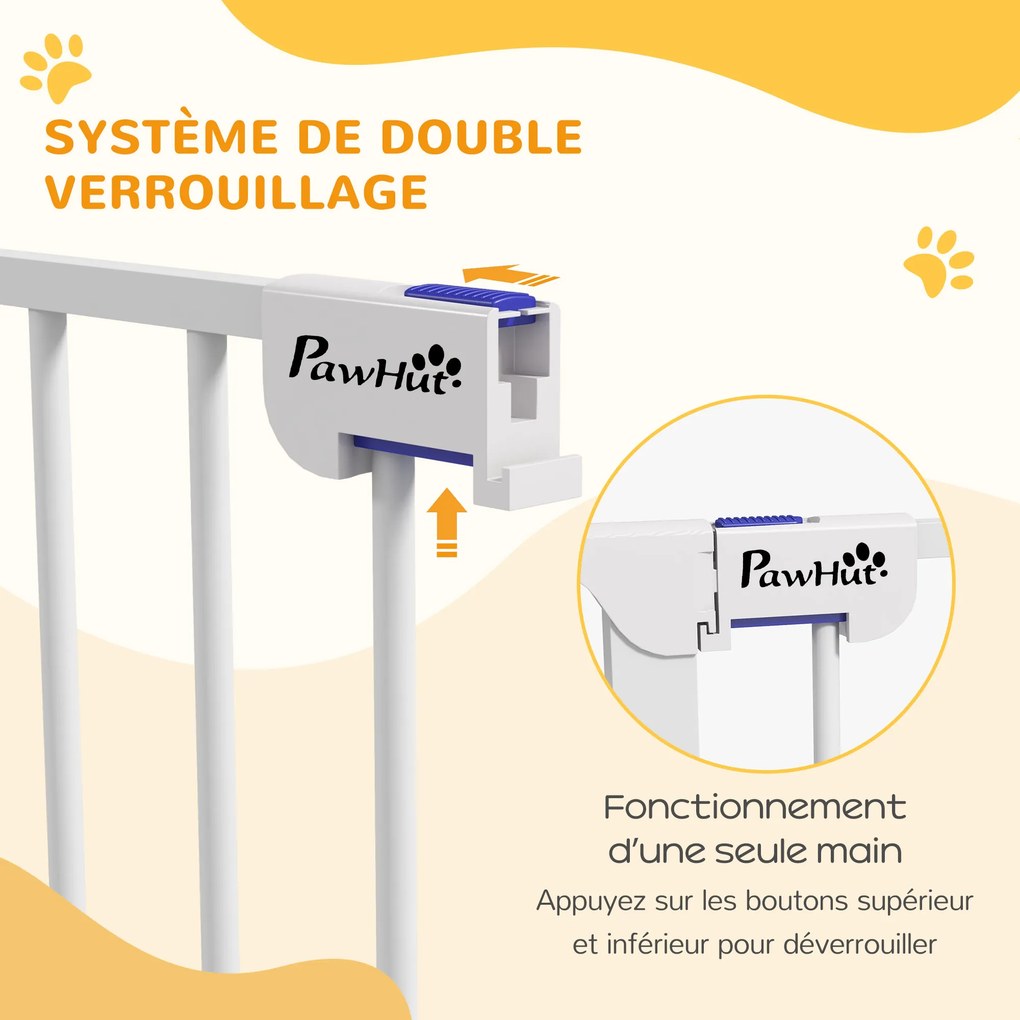 Barreira para cães em aço, com 3 painéis dobráveis, fecho duplo e porta integrada, para portas e escadas, branca