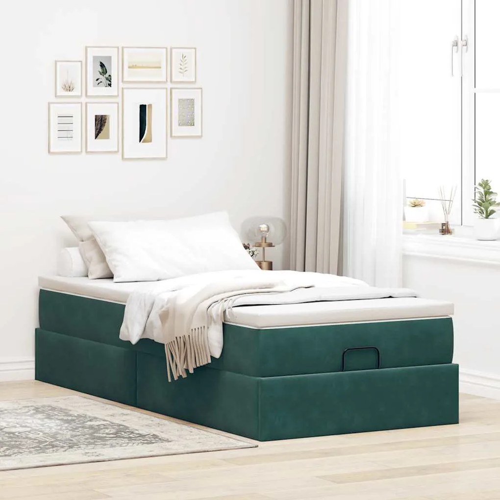 Estrutura de cama otomana colchão 90x200 cm veludo verde escuro