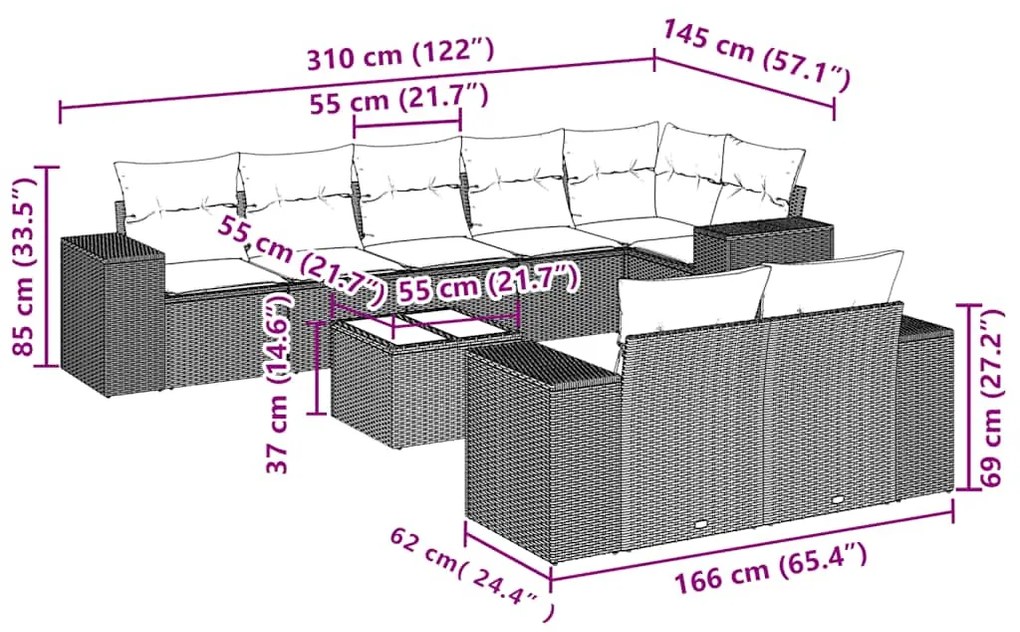 9 pcs conj. sofás jardim com almofadões vime PE cinzento-claro