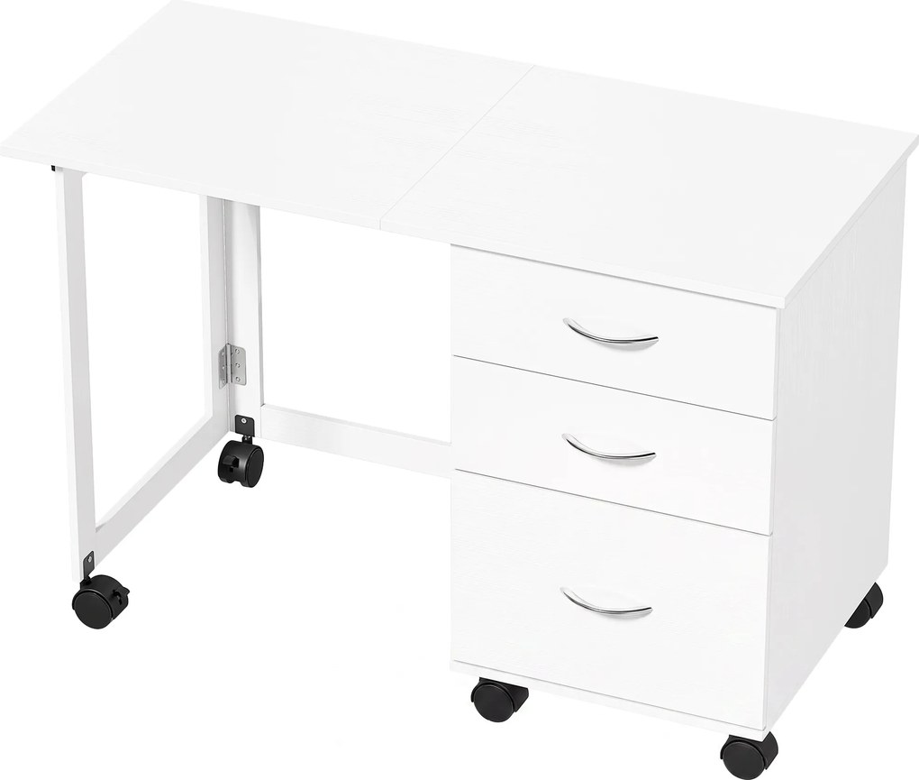 HOMCOM Secretária Dobrável com Rodas e Travões, 3 Gavetas e Tampo Rebatível, Design Moderno, 107x50x72 cm, Branco com Veio | Aosom Portugal