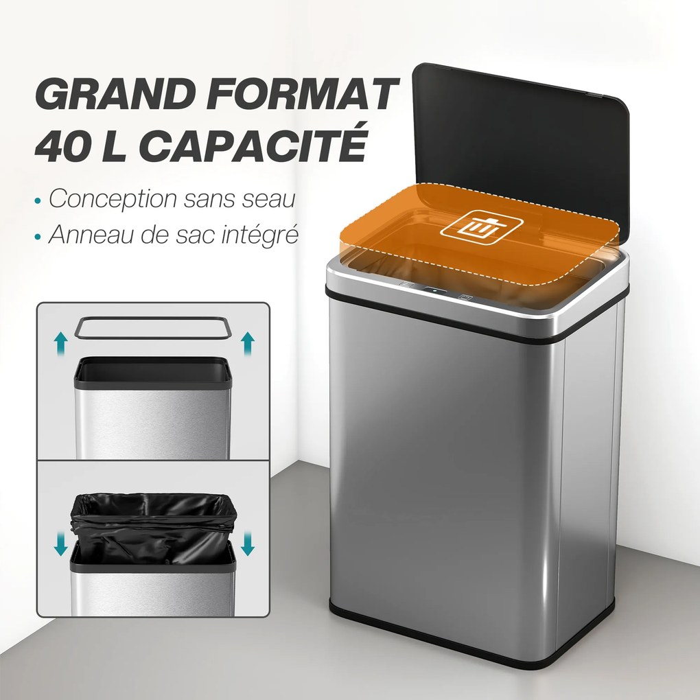 Caixote do lixo com sensor de 40 L, tampa com fecho suave, caixote do lixo de cozinha automático em aço inoxidável, prateado