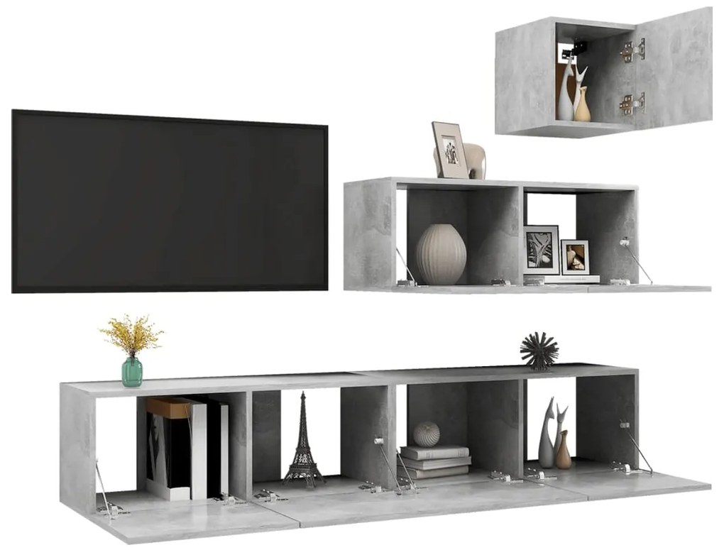 4 pcs conjunto móveis de TV derivados madeira cinzento cimento
