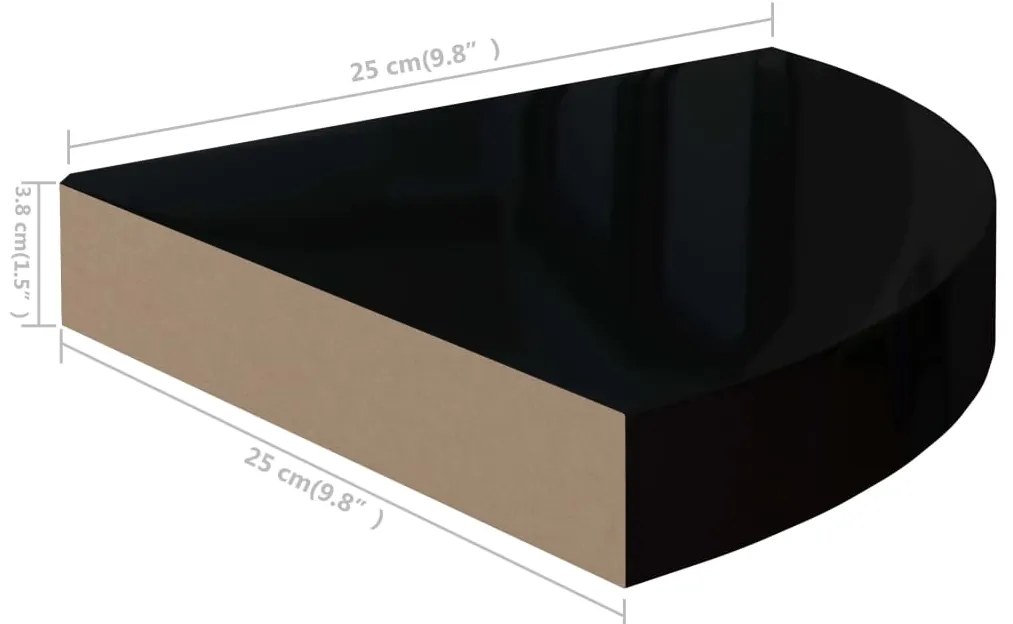 Prateleira de canto suspensa 25x25x3,8 cm MDF preto brilhante