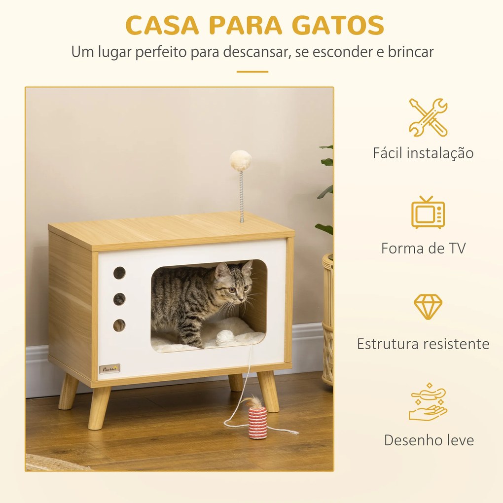 PawHut Mesa Auxiliar Cama Caverna para Gatos com Estilo Televisor Casa para Gatos com Almofada Suave Lavável Bola e Pés Elevados 50x28x43cm Carvalho