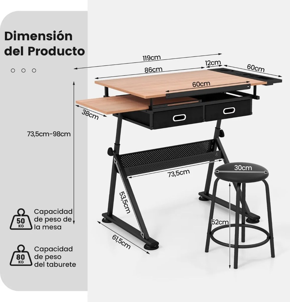 Mesa de desenho estirador ajustável em altura e ângulo 2 gavetas com banco Natural