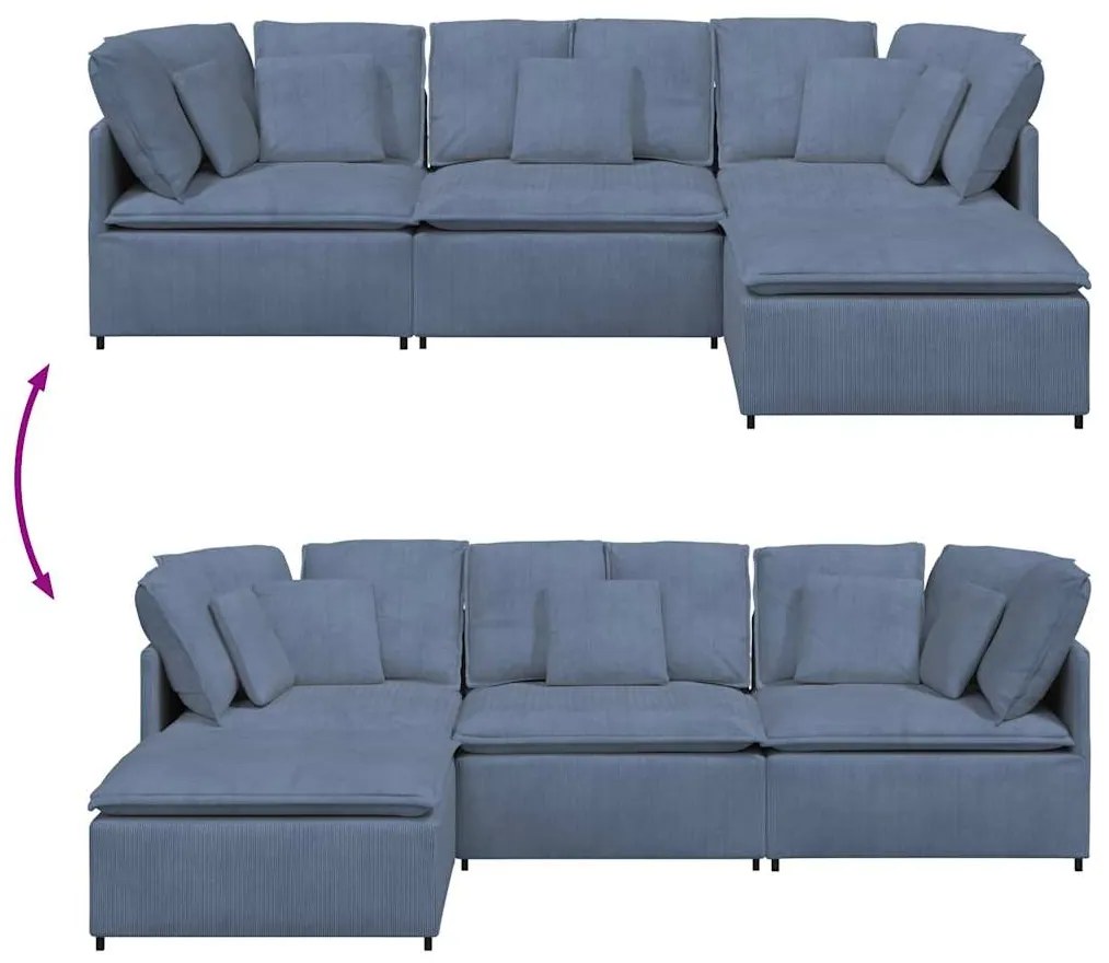 Sofá modular com pufes e almofadas tecido corduroy azul