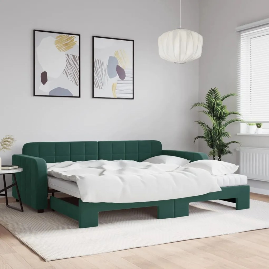Sofá-cama c/ gavetão e colchões 90x200cm veludo verde-escuro