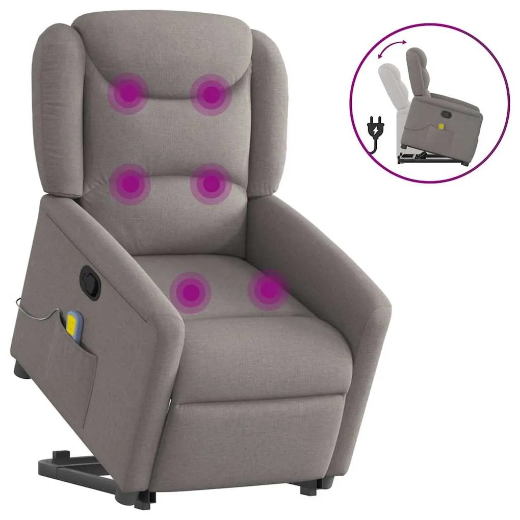 vidaXL Poltrona elevatória de massagens tecido cinzento-acastanhado