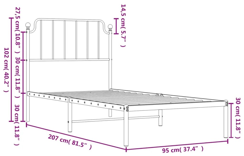 Estrutura de cama com cabeceira 90x200 cm metal preto