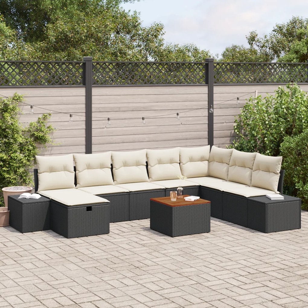 Conjunto de Sofá de Jardim com 9 Peças e Almofadas Preto em Rattan