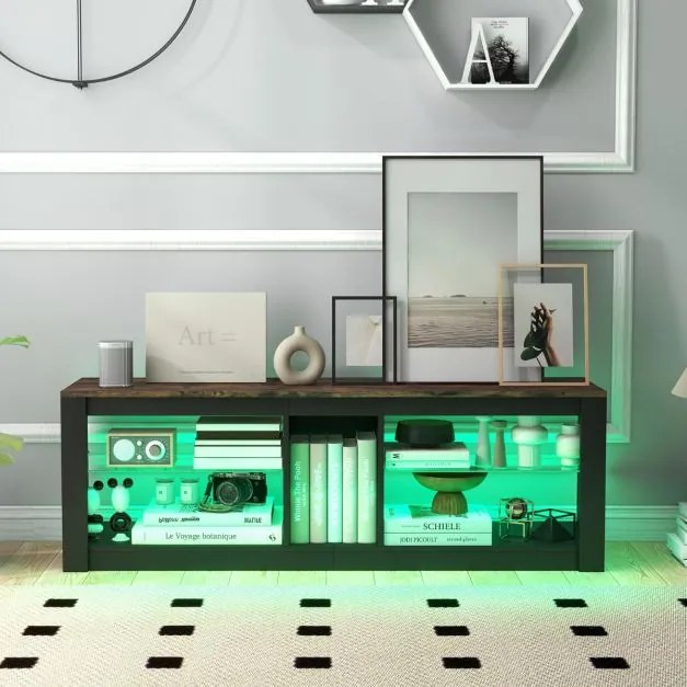 Móvel de TV com luz LED 140 x 35 x 47 cm para TVs até 65'' com Estantes de vidro temperado ajustáveis Castanho e Preto