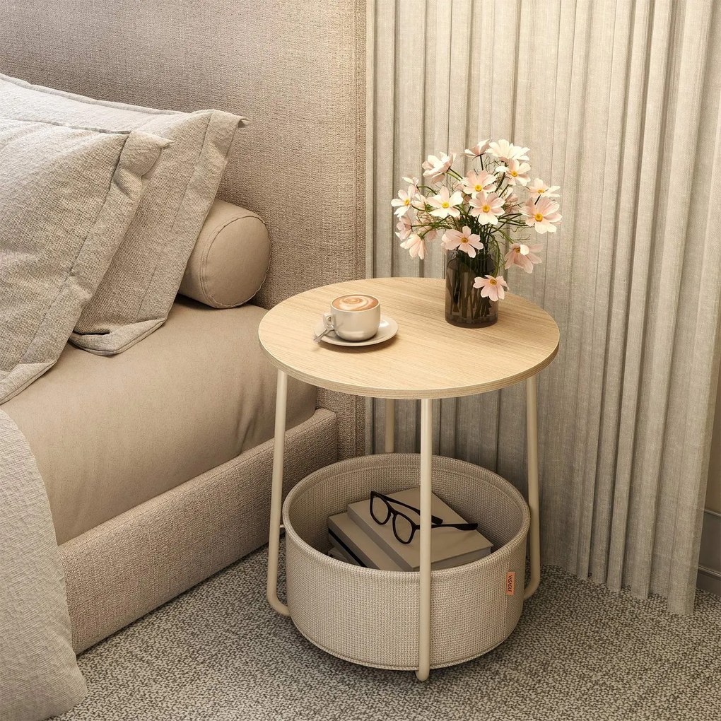 Mesa auxiliar redonda com cesto em tecido 45 x 50 cm bege