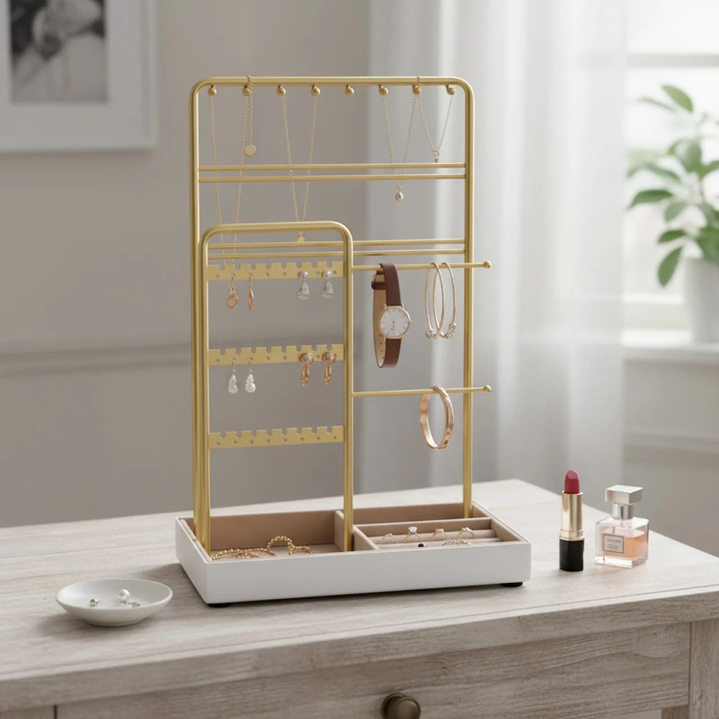 Armazenamento de joias, porta-joias, armação metálica 11,5 x 19,6 x 30,8 cm dourado