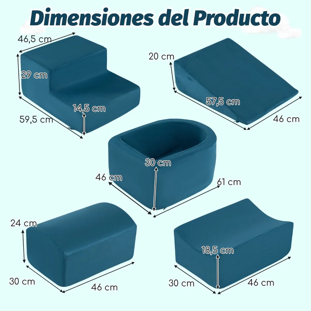 Conjunto de escalada e rampa de 5 peças para crianças Blocos de construção de esponja com piscina de bolas (NÃO INCLUIDAS) Capa lavável Criativo Azul