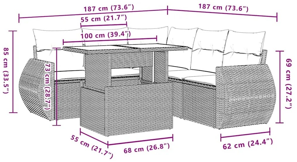 6 pcs conj. sofás jardim com almofadões vime PE cinzento-claro