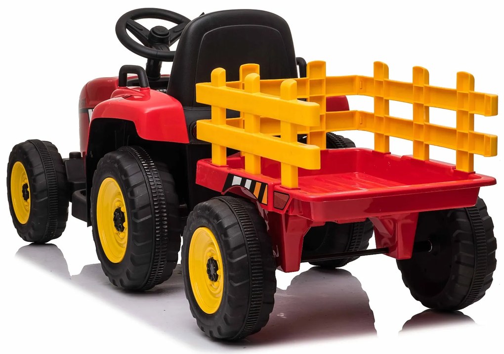 Trator elétrico WORKERS com reboque, vermelho, tração traseira, bateria 12V, rodas plásticas, assento largo de plástico, controle remoto 2,4 GHz, MP3