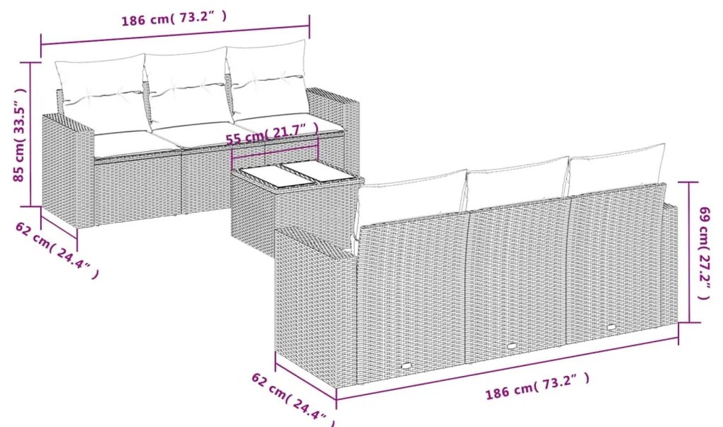 7 pcs conj. sofás jardim com almofadões vime PE cinzento-claro