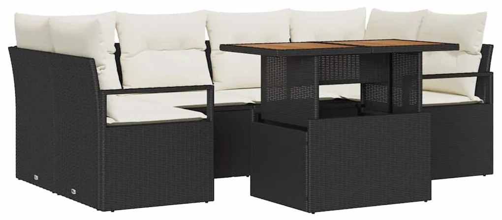 Conjunto de Sofá de Jardim de 7 Peças com Almofadas Pretas em Rattan P