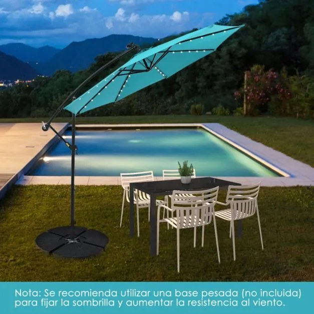 Guarda-sol Solar 3M com 40 Lâmpadas Painel Solar Ajuste de Inclinação com Base Cruzada (SEM PESOS) Iluminado para Pátio Jardim Turquesa