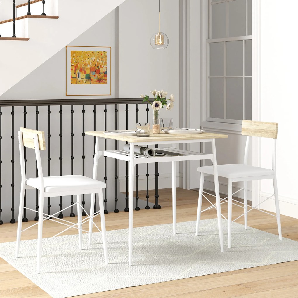 Conjunto de Refeição de 3 Peças Conjunto 1 Mesa 70x70x75 cm e 2 Cadeiras 40x50x80 cm com Prateleira de Armazenamento Branco e Madeira