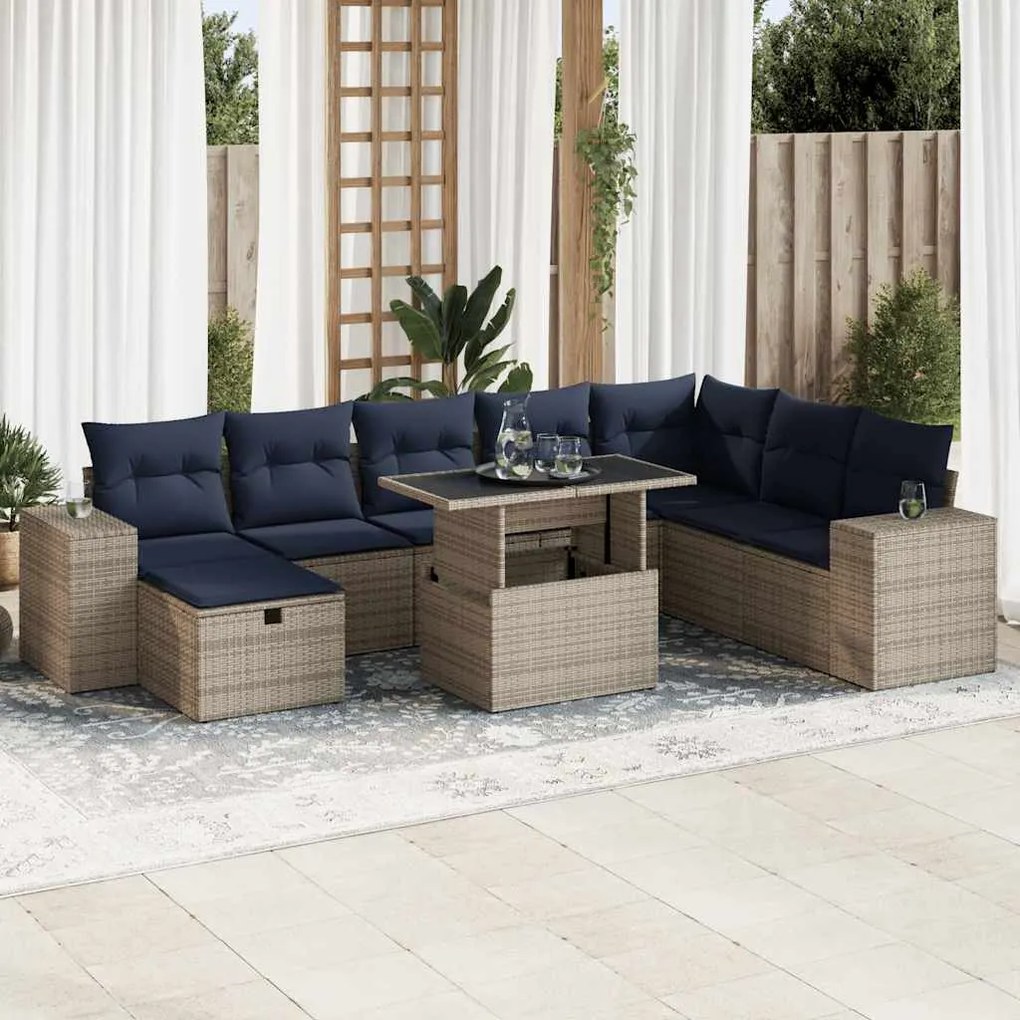 9 pcs conj. sofás jardim c/ almofadões vime PE/acácia castanho
