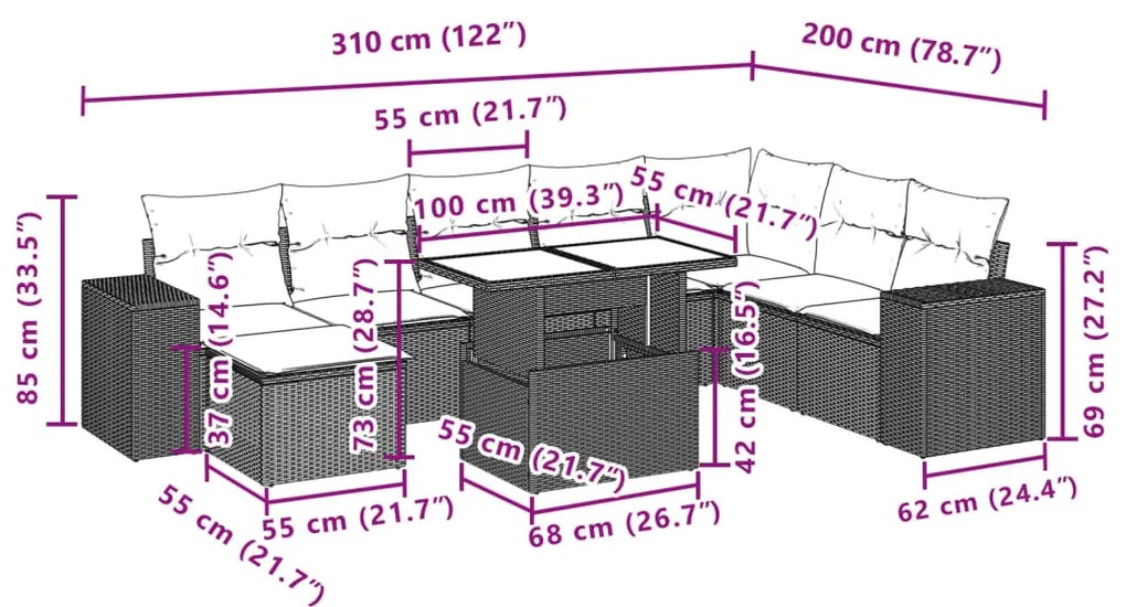 9 pcs conjunto de sofás p/ jardim c/ almofadões vime PE preto