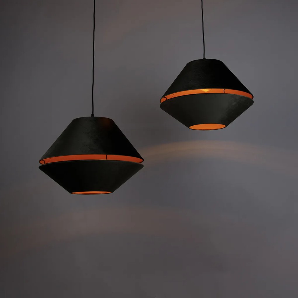 Candeeiro suspenso preto com abajur de veludo duplo verde com interior dourado 2 luzes - Cava Luxe Clássico / Antigo