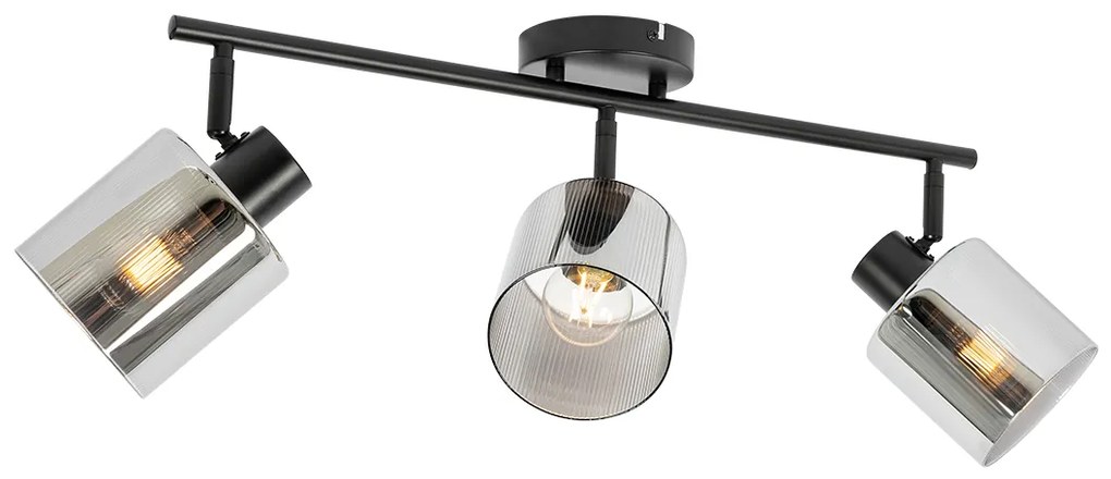 Candeeiro de teto com focos ajustáveis preto com vidro fumê 3 luzes - Laura Art Deco