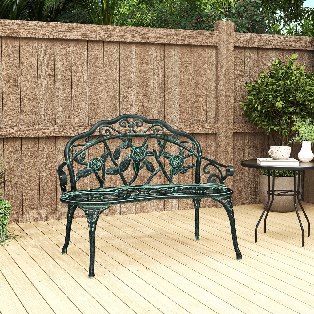 Banco de jardim de 2 lugares 100 x 54 x 78 cm , estilo néo-retro, com padrão de rosas e linhas cónicas, em fundição de alumínio, verde envelhecido