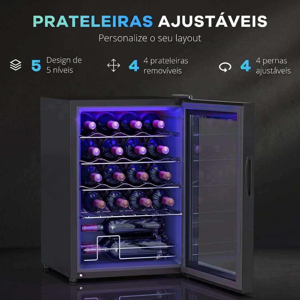 Frigorífico para Vinhos 20 Garrafas com Compressor, Porta Anti-UV, 5-18 °C, Painel Tátil, Luz LED, 39 dB, Preto