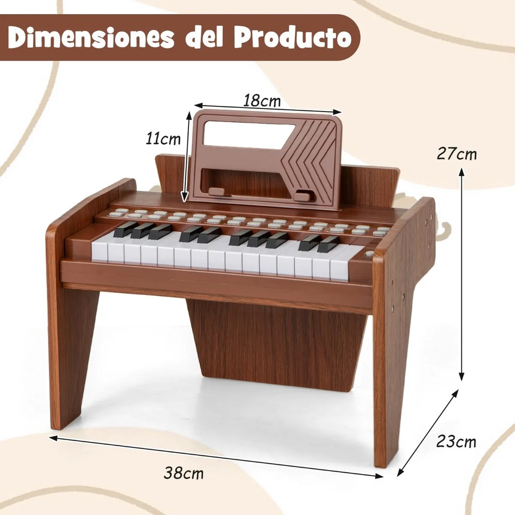 Teclado de piano para crianças 38 x 23 x 27 cm com 25 teclas digital em madeira com velocidade e volume ajustáveis Modo de ensino Castanho