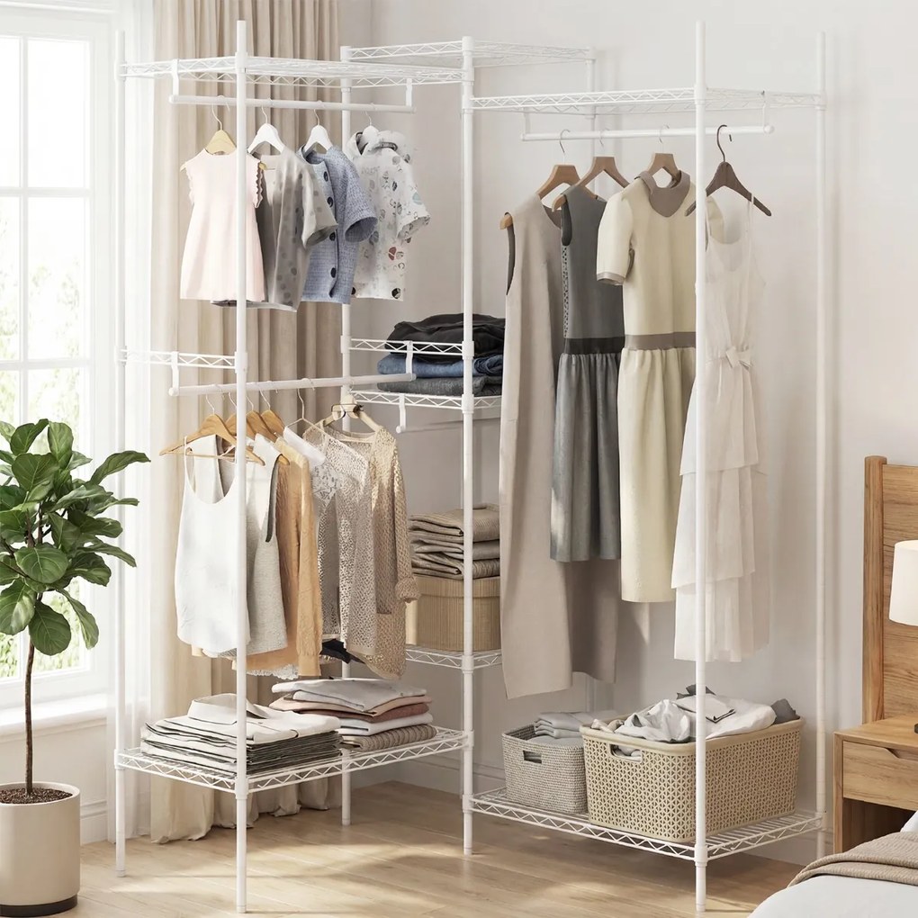 Guarda-roupa aberto portátil 188 x 46 x 198 cm conversível L metálico com 7 prateleiras ajustáveis 4 barras Carga 530 kg Branco