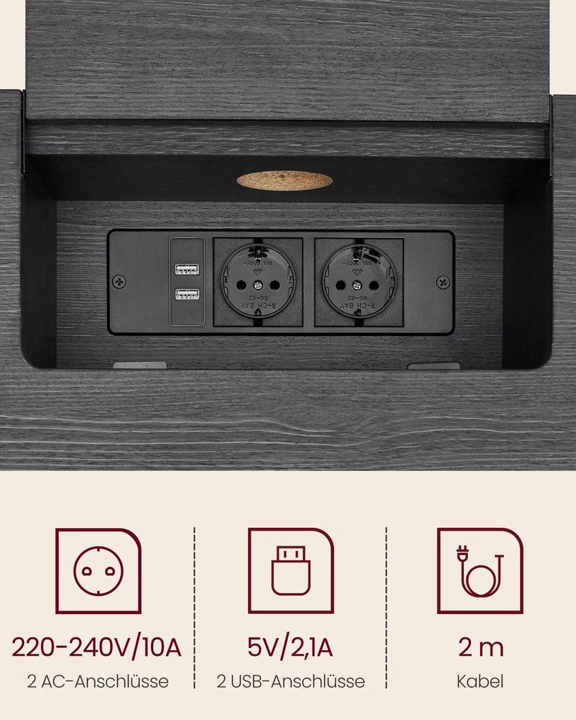 Mesa consola com 2 tomadas e 2 portas USB 25 x 120 x 81,1 cm Preto antracite e cinzento