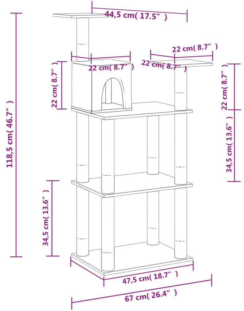 Árvore p/ gatos postes arranhadores sisal 118,5 cm cinza-claro
