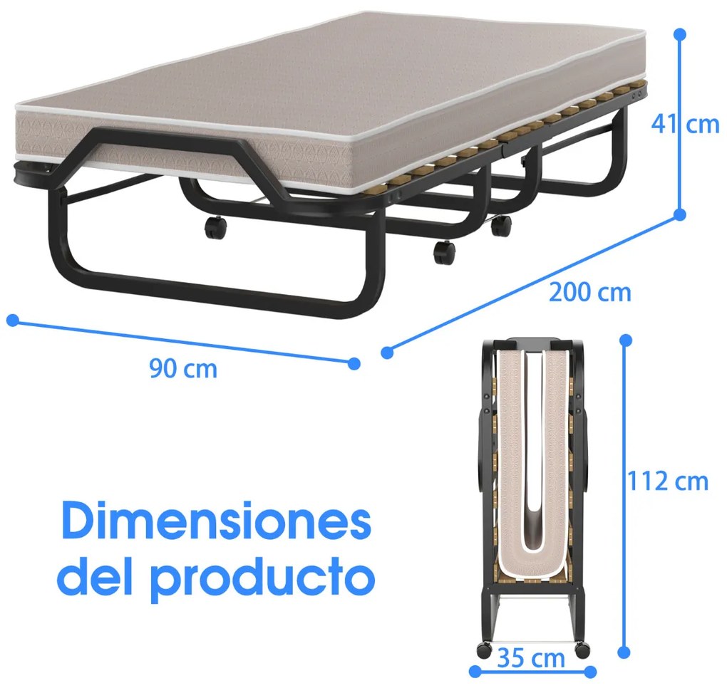 Cama dobrável individual com colchão de espuma viscoelástica Estrutura metálica portátil com rodas para escritório em casa 90 x 200 x 41 cm