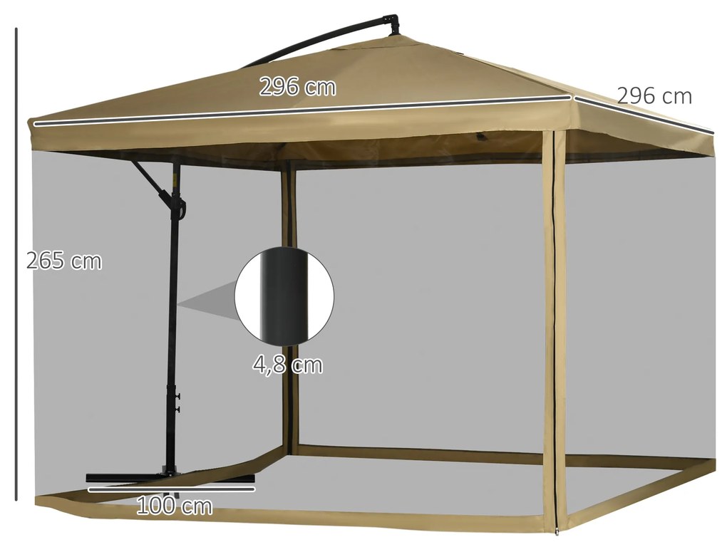 Outsunny Chapéu de Sol de Jardim 296x296x265cm Chapéu de Sol Excêntrico com Rede Mosquiteira manivela Base Cruzada e Suporte de Aço para varanda Pátio Exterior Bege