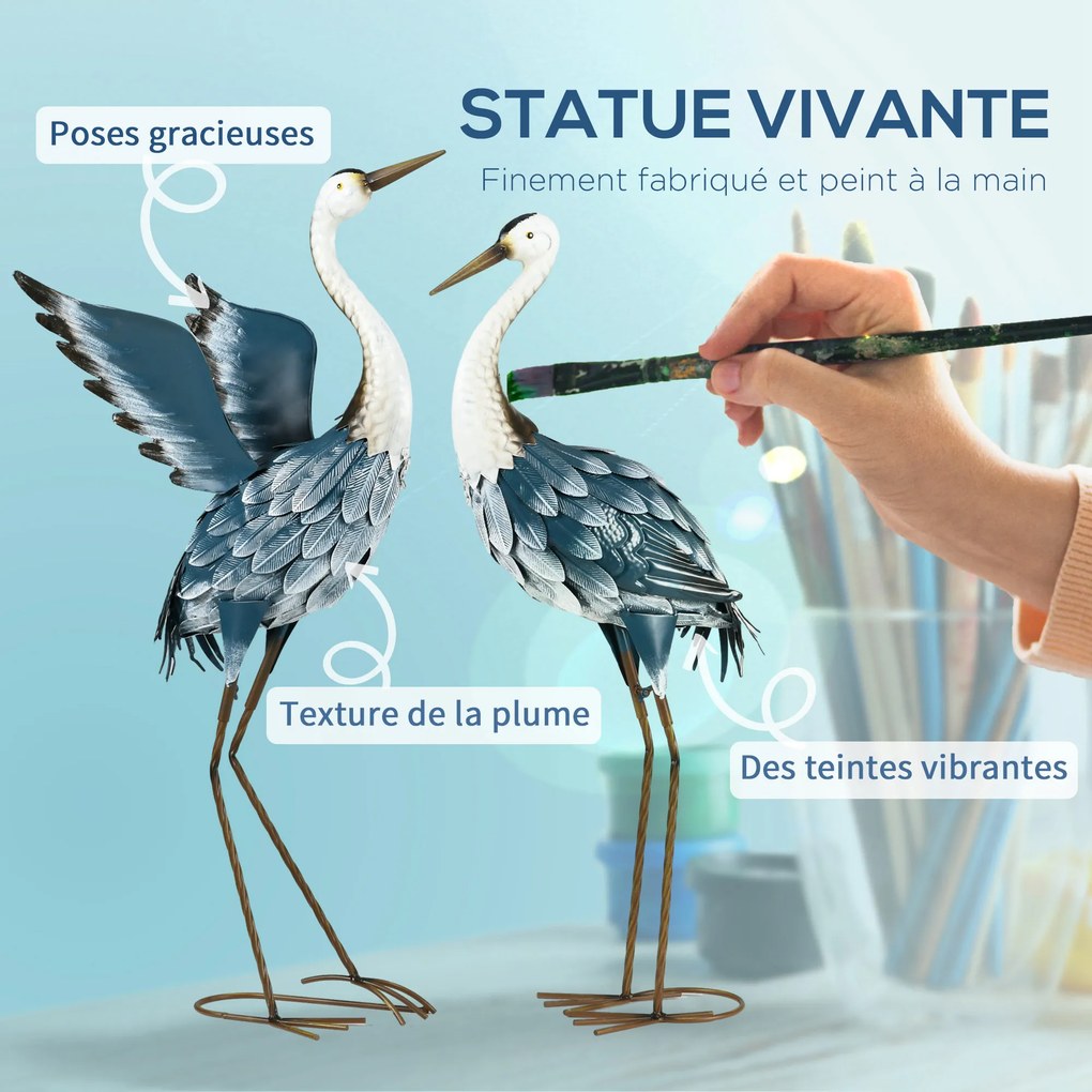 Conjunto de 2 estátuas de jardim para exterior, escultura de garça em aço para lago, pátio, terraço, relvado, 74/70 cm, multicoloridas