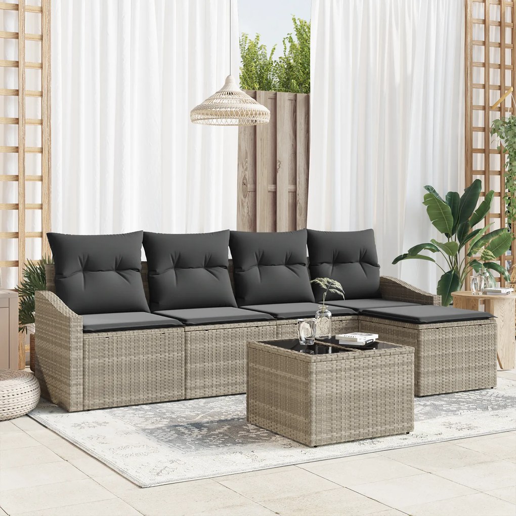 Conjunto de Jantar de Jardim de 6 Peças com Almofadas Cinza em Rattan