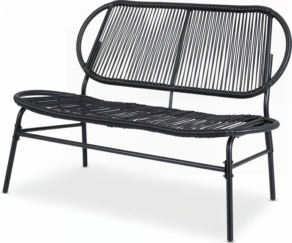 Banco de jardim para 2 pessoas com assento e encosto em rattan PE 118 x 68 x 79 cm, Estrutura metálica, design com ripas, para terraço ou alpendre, Pr