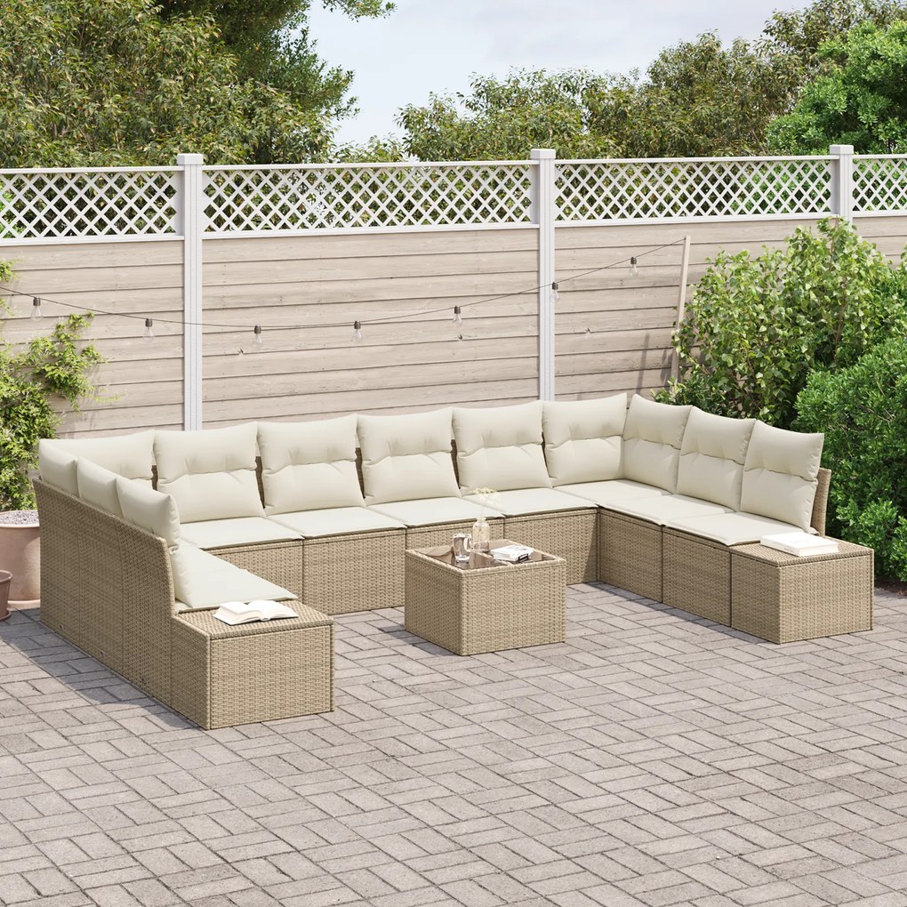 Conjunto de Sofá de Jardim de 11 Peças com Almofadas Castanho Poli Rat