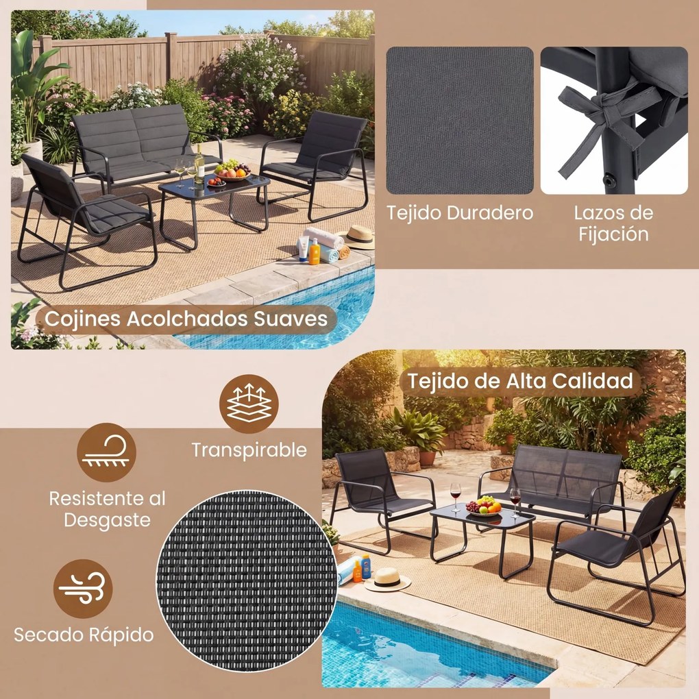 Conjunto de 4 Peças para Exterior: Sofá de 2 Lugares, 2 Cadeiras e Mesa de Centro, 75 x 44 x 41 cm, Almofadas Removíveis, Preto+Cinza