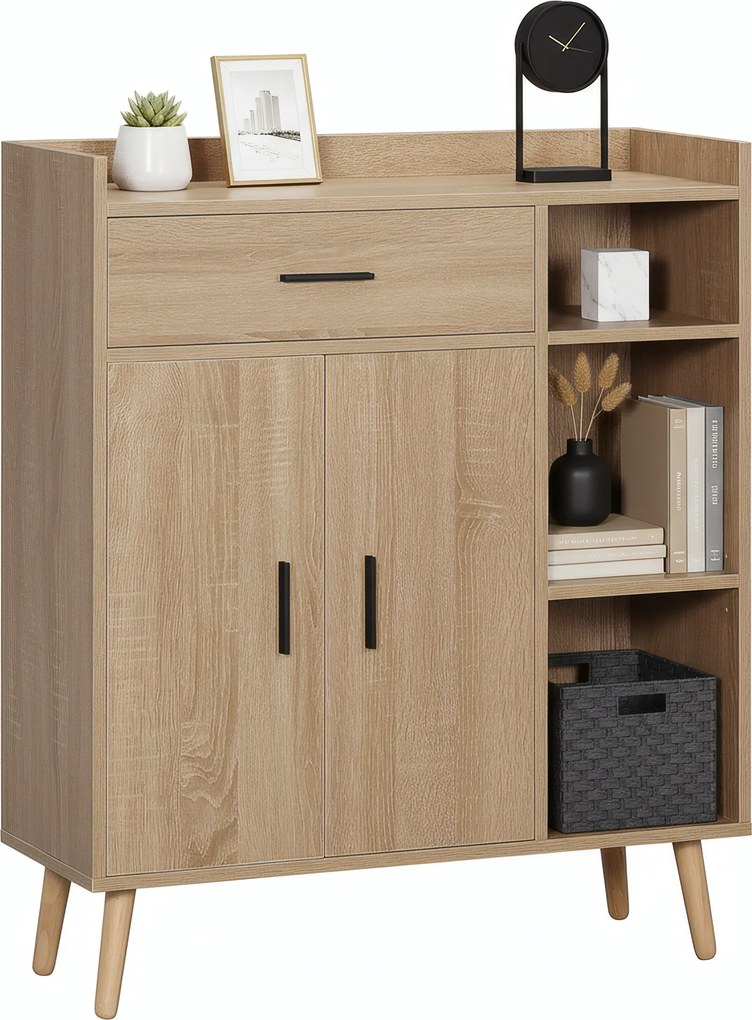 HOMCOM Aparador Moderno 2 Portas 1 Gaveta 3 Prateleiras Abertas Auxiliar Armazenamento Espaçoso 80x30x96,5cm Madeira | Aosom Portugal