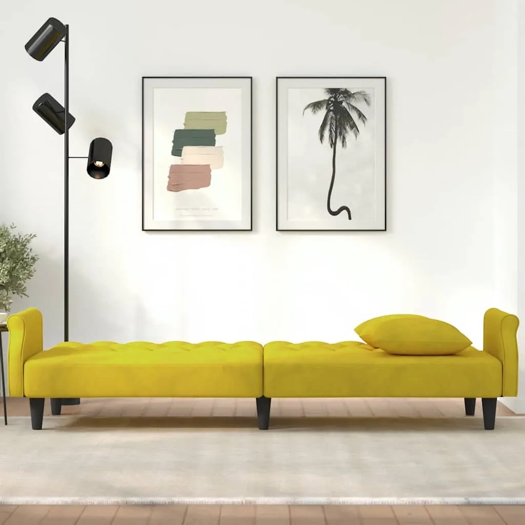 Sofá-cama com apoio de braços veludo amarelo